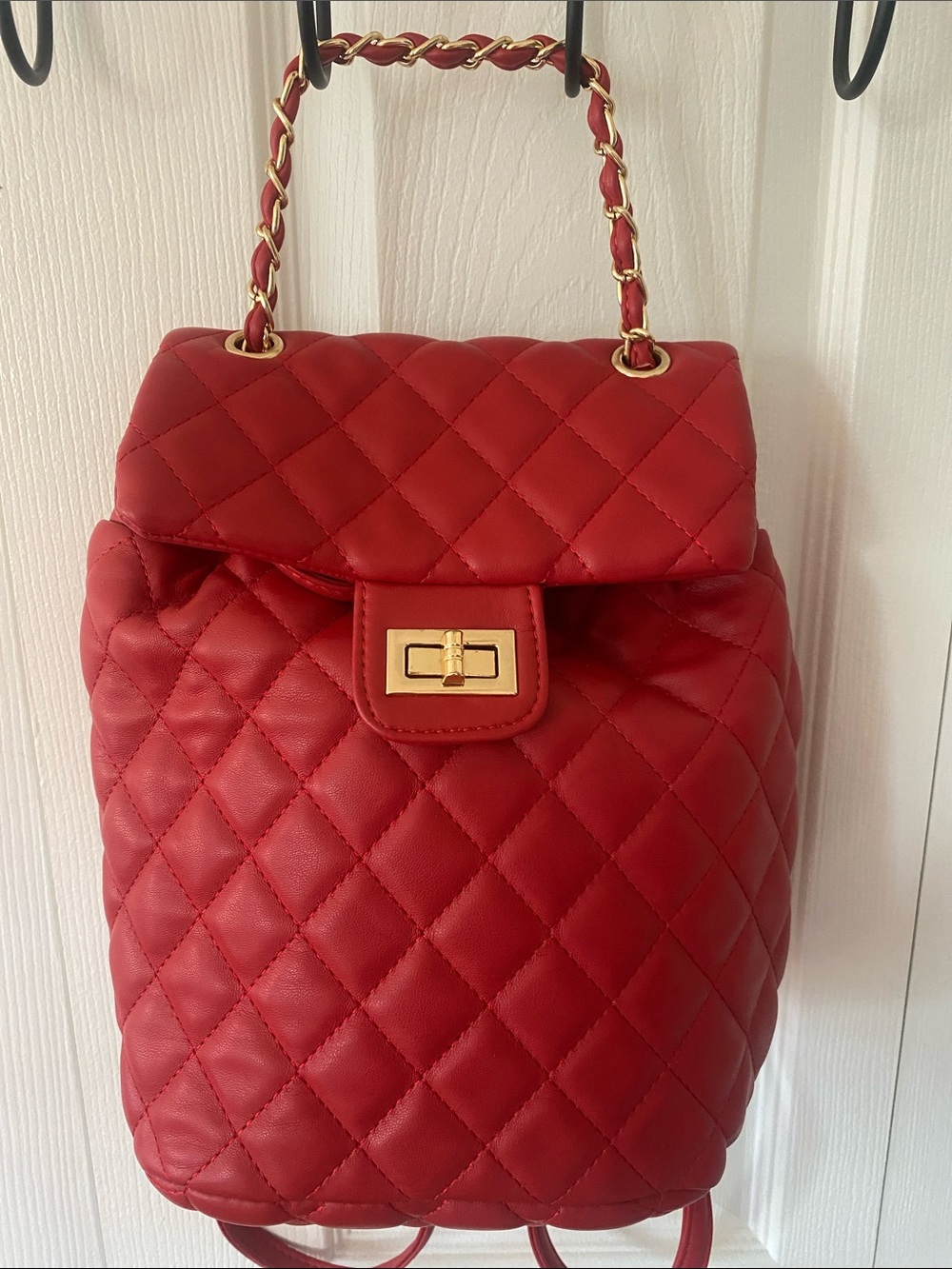 Quilted Red faux Leather Backpack with Gold-Tone Hardware